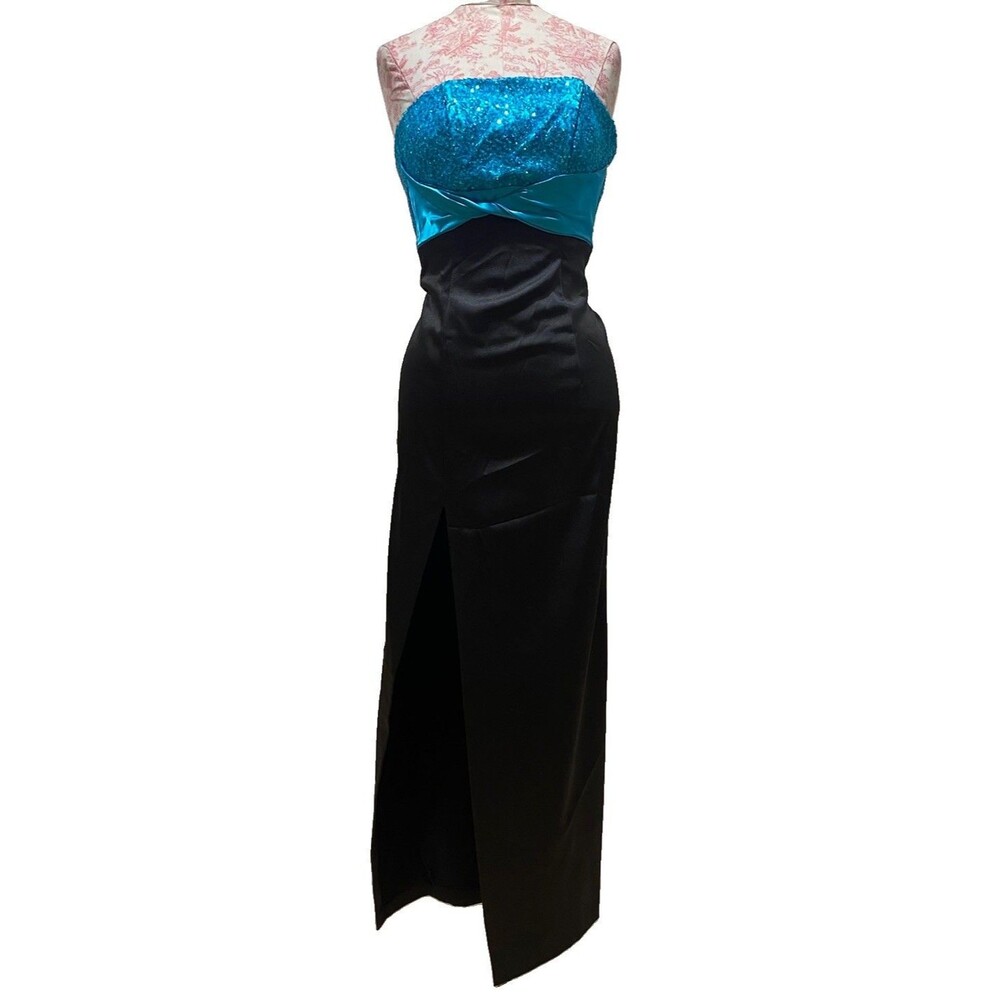 NWT Jessica McClintock Gunne Sax Tie Sequin Dress Gown Sz 1 Blue Sleeveless